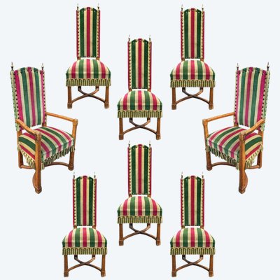 Suite Of 8 Brutalist Oak Seats Circa 1950