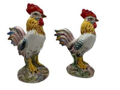 Pair of Polychrome Earthenware Roosters - Manufacture de Bassano - XXth century