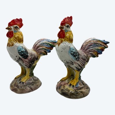 Pair of Polychrome Earthenware Roosters - Manufacture de Bassano - XXth century