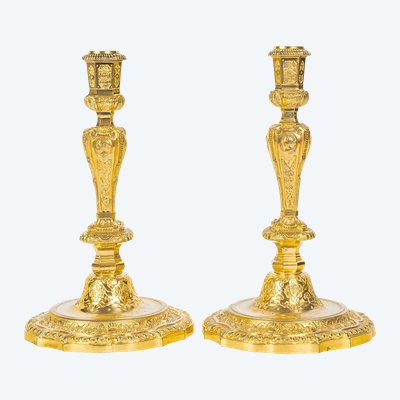 Henri Picard - Pair of French Regence Style Gilt Bronze Candlesticks, circa 1850