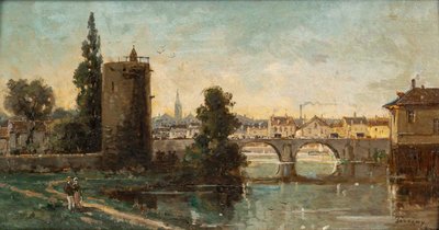 Gustave Mascart (1834-1914) Bukolischer Spaziergang am Fuße des Pulverturms von Brügge Öl auf Holz