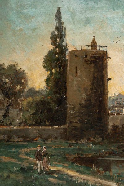 Gustave Mascart (1834-1914) Bukolischer Spaziergang am Fuße des Pulverturms von Brügge Öl auf Holz