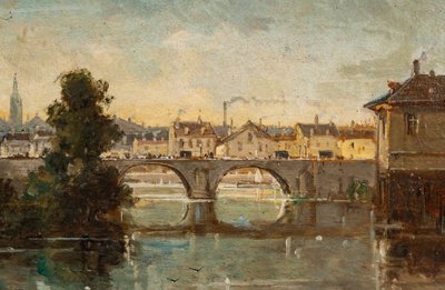 Gustave Mascart (1834-1914) Bukolischer Spaziergang am Fuße des Pulverturms von Brügge Öl auf Holz