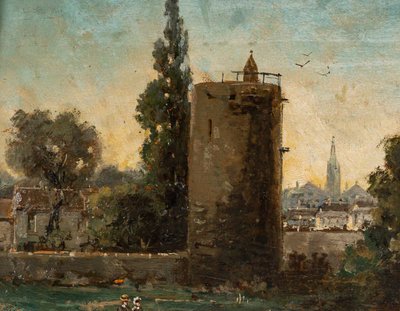 Gustave Mascart (1834-1914) Bukolischer Spaziergang am Fuße des Pulverturms von Brügge Öl auf Holz