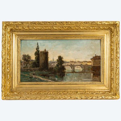 Gustave Mascart (1834-1914) Bukolischer Spaziergang am Fuße des Pulverturms von Brügge Öl auf Holz