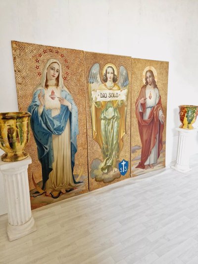 Antique Triptych of Religious Oil Paintings with Gold Background