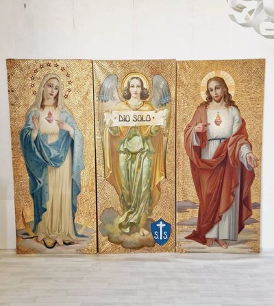 Antique Triptych of Religious Oil Paintings with Gold Background