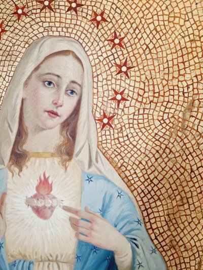 Antique Triptych of Religious Oil Paintings with Gold Background