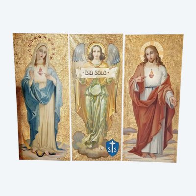 Antique Triptych of Religious Oil Paintings with Gold Background
