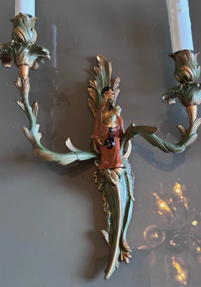 Maison JANSEN Wall lights in polychrome bronze with Chinese or Mandarin decoration