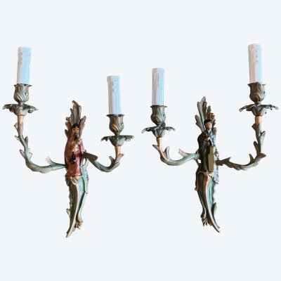 Maison JANSEN Wall lights in polychrome bronze with Chinese or Mandarin decoration