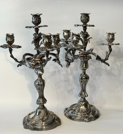 Pair of silver-plated bronze candelabras - Louis XV rocaille style