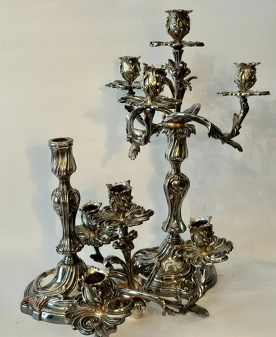 Pair of silver-plated bronze candelabras - Louis XV rocaille style