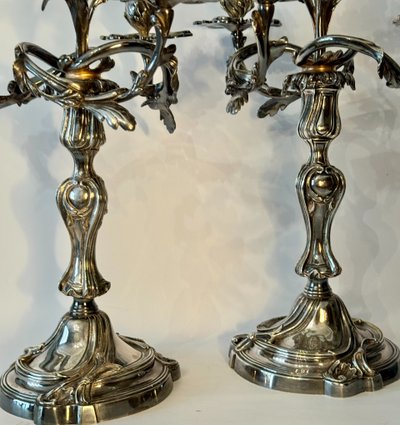 Pair of silver-plated bronze candelabras - Louis XV rocaille style