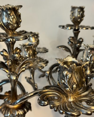 Pair of silver-plated bronze candelabras - Louis XV rocaille style