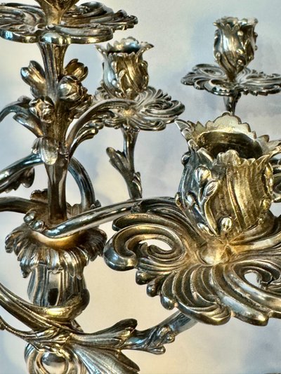 Pair of silver-plated bronze candelabras - Louis XV rocaille style
