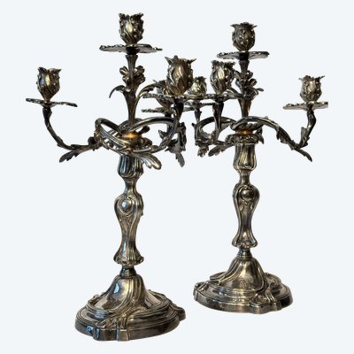 Pair of silver-plated bronze candelabras - Louis XV rocaille style