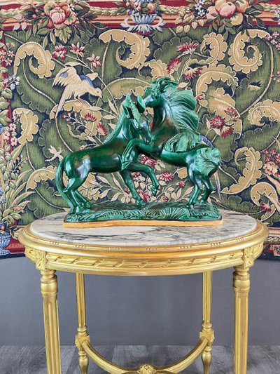 Scultura in ceramica smaltata, due cavalli, firmata R. Prunet, XX secolo