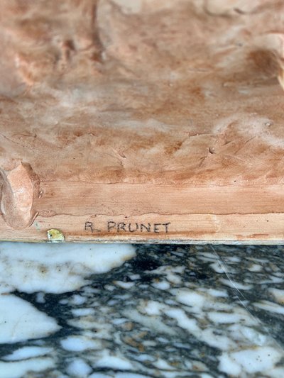 Scultura in ceramica smaltata, due cavalli, firmata R. Prunet, XX secolo