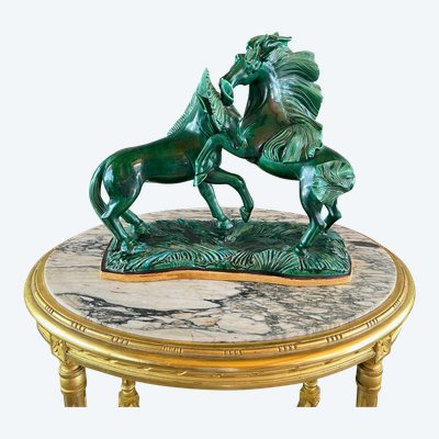 Scultura in ceramica smaltata, due cavalli, firmata R. Prunet, XX secolo
