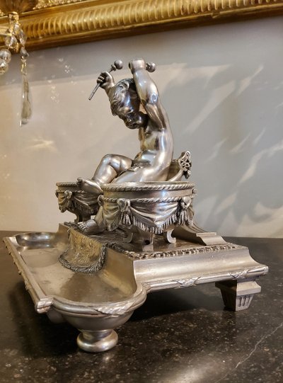 Inkwell Silver-plated bronze sculpture "Putto aux Tambours" Marnyhac Paris 19th century