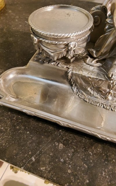 Inkwell Silver-plated bronze sculpture "Putto aux Tambours" Marnyhac Paris 19th century