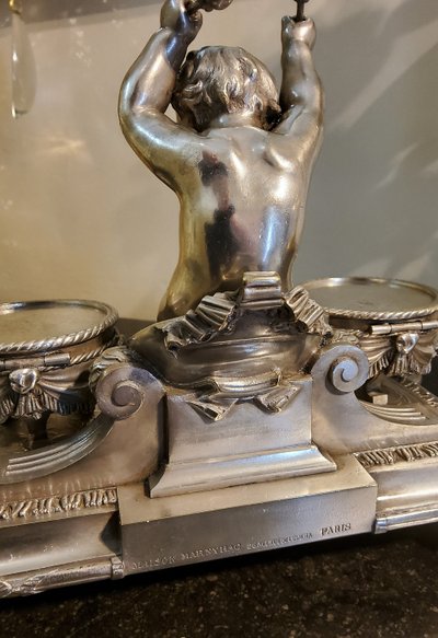 Inkwell Silver-plated bronze sculpture "Putto aux Tambours" Marnyhac Paris 19th century