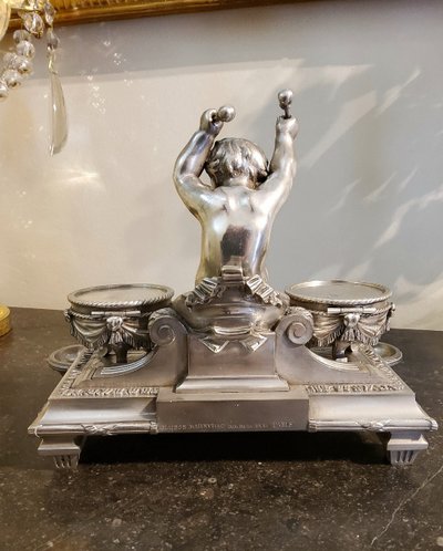 Inkwell Silver-plated bronze sculpture "Putto aux Tambours" Marnyhac Paris 19th century