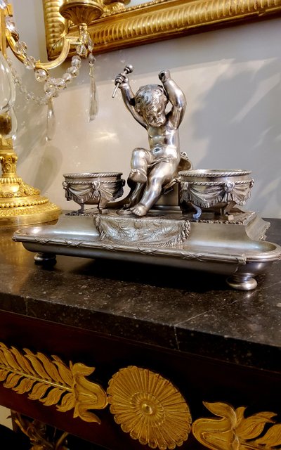 Inkwell Silver-plated bronze sculpture "Putto aux Tambours" Marnyhac Paris 19th century