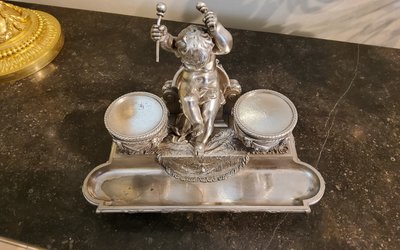 Inkwell Silver-plated bronze sculpture "Putto aux Tambours" Marnyhac Paris 19th century