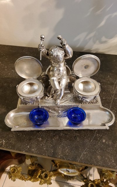 Inkwell Silver-plated bronze sculpture "Putto aux Tambours" Marnyhac Paris 19th century