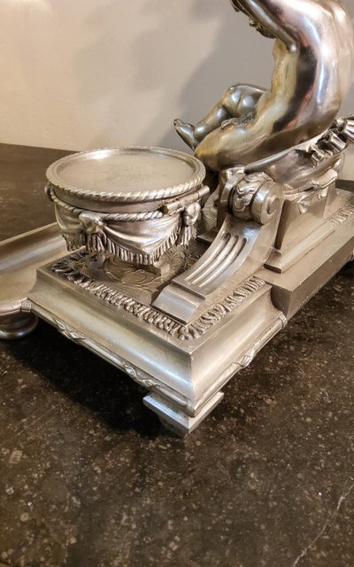 Inkwell Silver-plated bronze sculpture "Putto aux Tambours" Marnyhac Paris 19th century