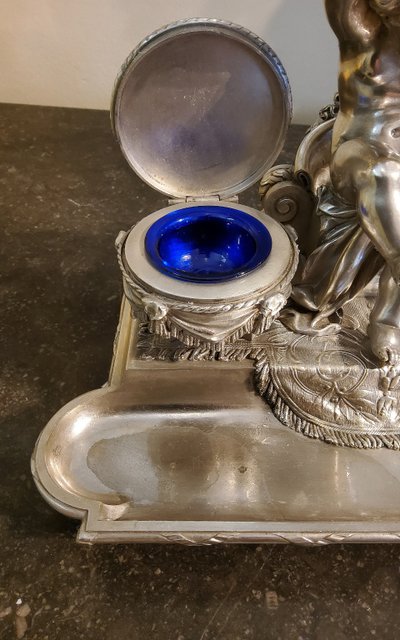Inkwell Silver-plated bronze sculpture "Putto aux Tambours" Marnyhac Paris 19th century