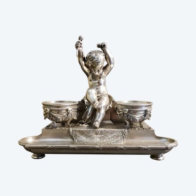 Inkwell Silver-plated bronze sculpture "Putto aux Tambours" Marnyhac Paris 19th century