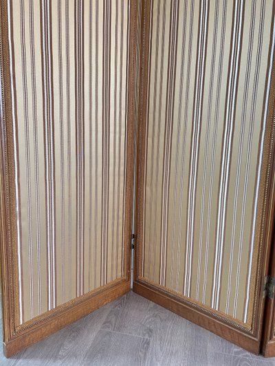 Alter Paravent mit vier Blättern - Geschnitztes Holz, Glas und gestreifter Stoff - 19. Jahrhundert
