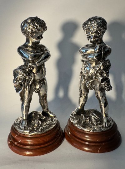 Comédie et Tragédie - Louis KLEY - 2 bambini in bronzo argentato - Putti