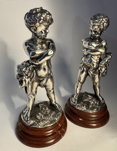 Comédie et Tragédie - Louis KLEY - 2 bambini in bronzo argentato - Putti