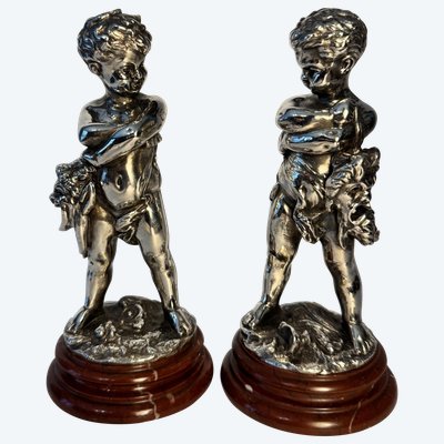 Comédie et Tragédie - Louis KLEY - 2 bambini in bronzo argentato - Putti