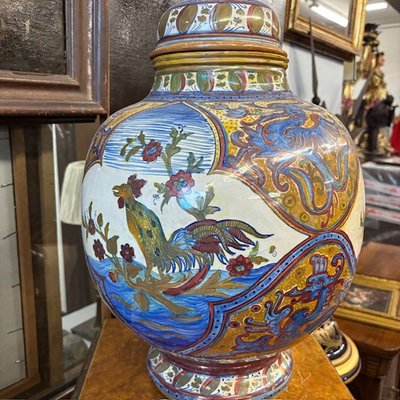 Antico grande vaso Potiche Santarelli Gualto Tadino 1920 Liberty con Gallo Altezza cm 48 