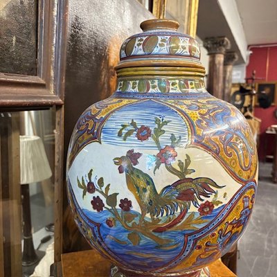 Antico grande vaso Potiche Santarelli Gualto Tadino 1920 Liberty con Gallo Altezza cm 48 