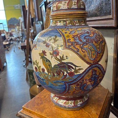 Antico grande vaso Potiche Santarelli Gualto Tadino 1920 Liberty con Gallo Altezza cm 48 