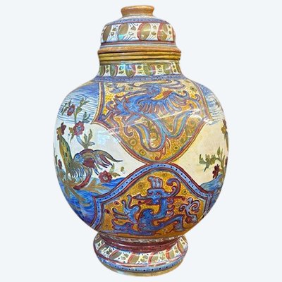 Antico grande vaso Potiche Santarelli Gualto Tadino 1920 Liberty con Gallo Altezza cm 48 