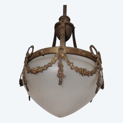 Antique chandelier liberty 1930 opaline glass and bronze . mis h 95 diameter cm 25