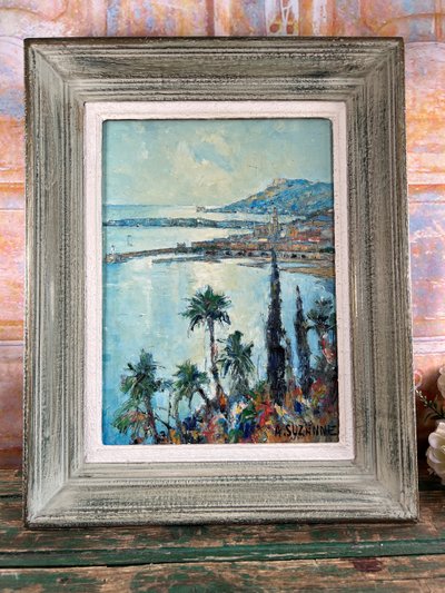 View of Menton from the Italian border - Oil on canvas signed André Suzanne - 1971