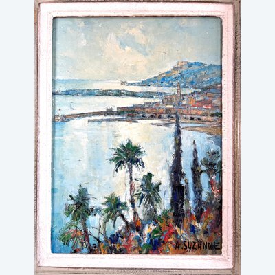 View of Menton from the Italian border - Oil on canvas signed André Suzanne - 1971