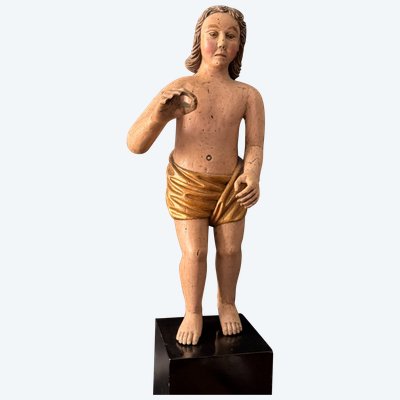 Person oder Engel aus geschnitztem Holz polychrom Frankreich 17. Jahrhundert H72