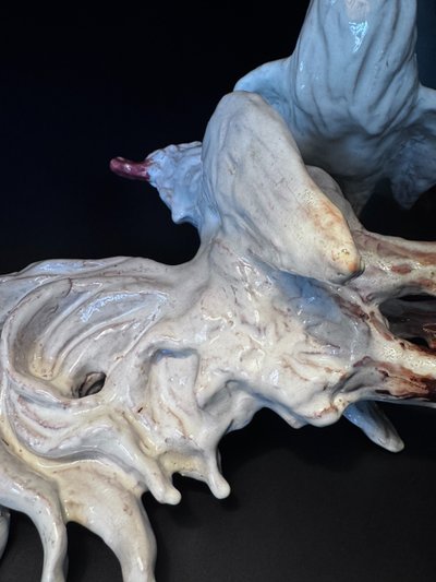 Pair of roosters in white glazed terracotta - Sculpture - Barbotine