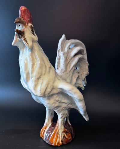 Pair of roosters in white glazed terracotta - Sculpture - Barbotine