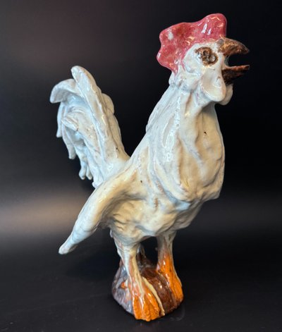 Pair of roosters in white glazed terracotta - Sculpture - Barbotine
