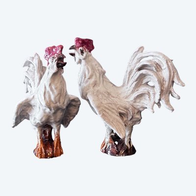 Pair of roosters in white glazed terracotta - Sculpture - Barbotine